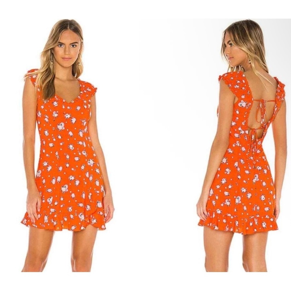 Free People Like A Lady‎ Orange Floral Ruffle Cap Sleeve Tie Back Mini Dress XS